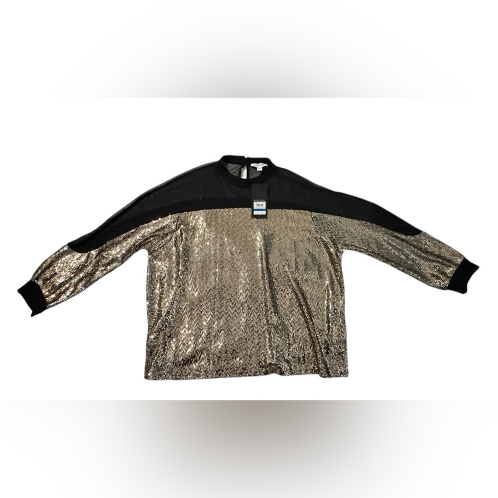 NWT Nine West Women's black/ GOLD Sequins Sheer Mesh Long Sleeve Blouse - Sz‎ XL